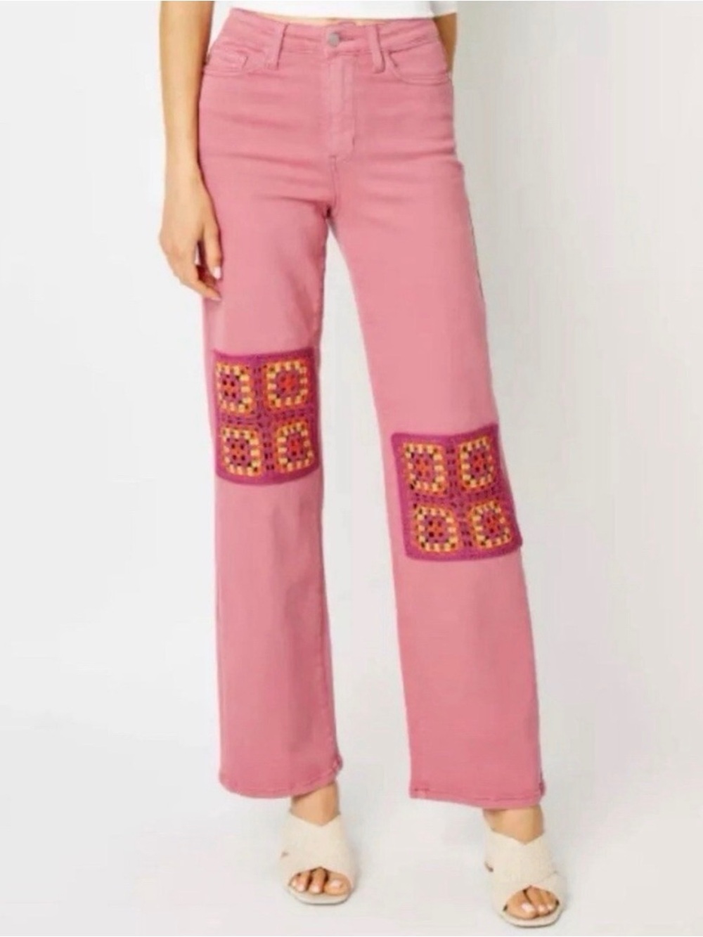 Judy Blue Rose Pink Jeans with Crocheted Patchwork